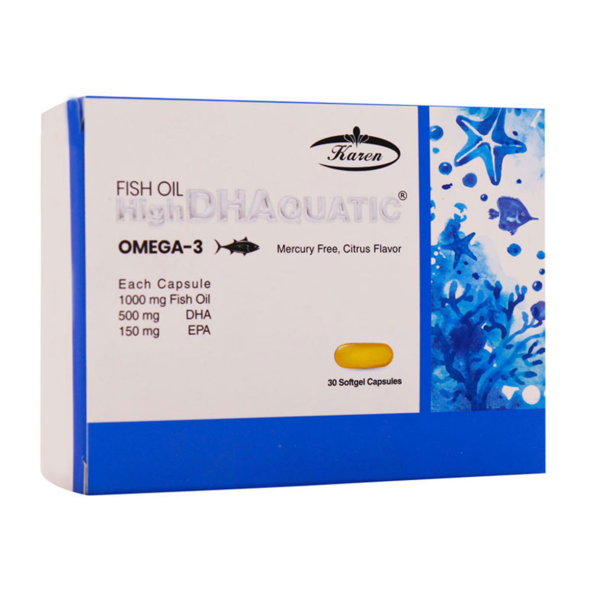 کپسول روغن ماهی حاوی DHA بالا بسته 30 عددی Karen Fish Oil High DHA Quatic 30 Soft Gels