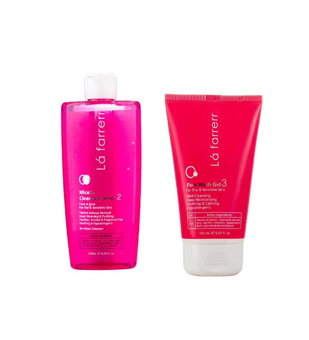 پک ژل شستشو صورت پوست خشک و حساس و محلول میسلار پوست خشک و حساس lafarrerr skin care pack