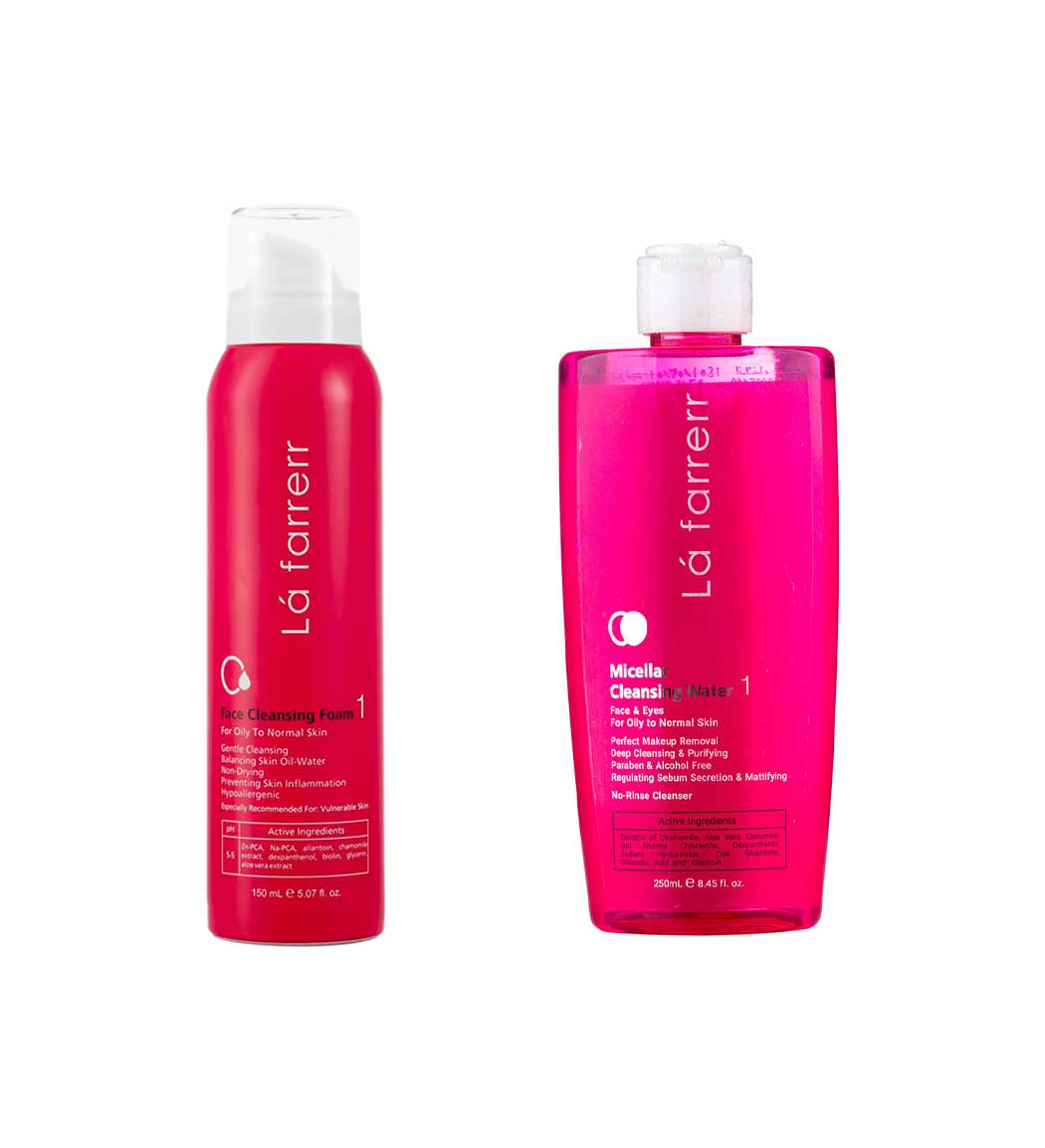 پک فوم شستشو صورت نرمال تا چرب و محلول میسلار واتر آرایش پوست نرمال و چرب Lafarrerr Skin care pack