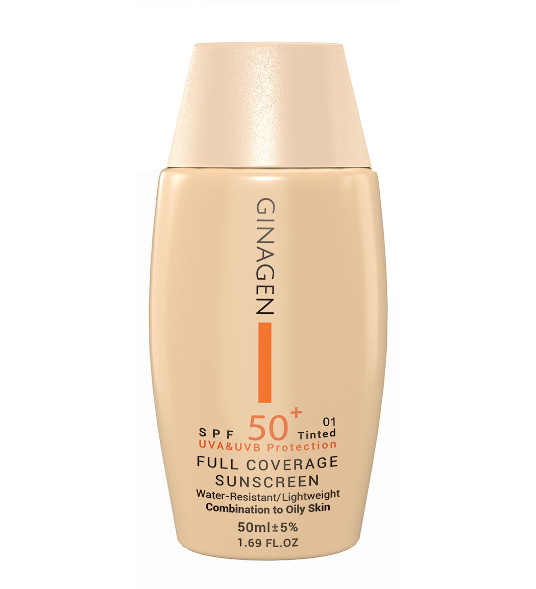 کرم ضد آفتاب رنگی مدل SPF50 مناسب پوست چرب و مختلط حجم 50 میلی لیتر Ginagen Tined Sun Screen Spf 50 For Oily Skins 50 ml