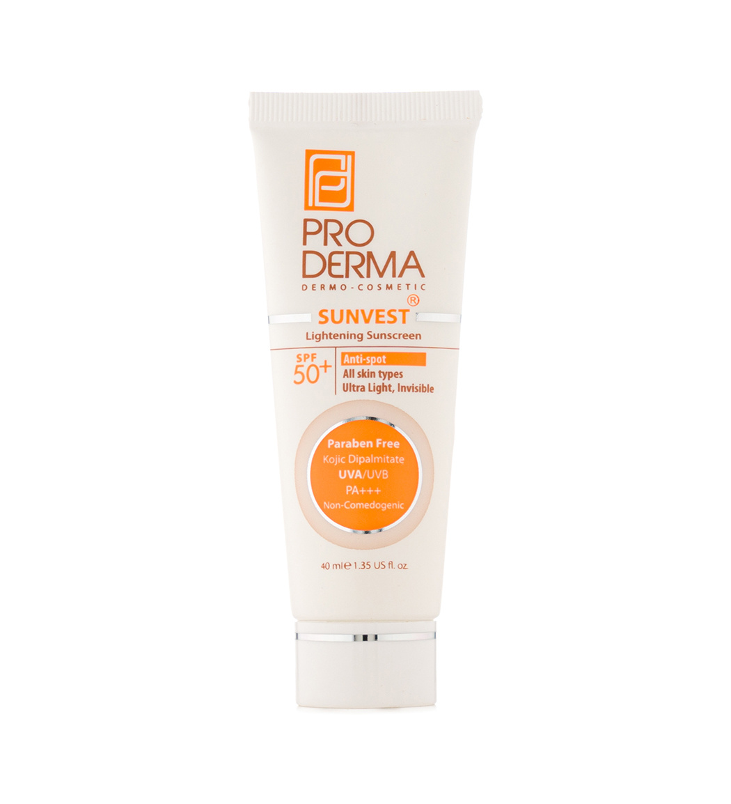 کرم ضد آفتاب و روشن کننده لک پوست بی رنگ SPF50 حجم 40 میلی لیتر ProDerma Sunvest Invisible Lightening and Anti Spot Sunscreen Cream SPF50 40ml