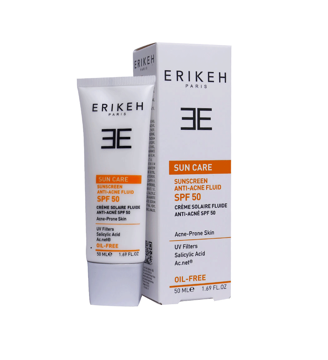 کرم ضد آفتاب فاقد چربی آنتی آکنه بی رنگ اس پی اف 50 حجم 50میل Erikeh Sunscreen Anti Acne Fluid Spf50 Cream 50ml